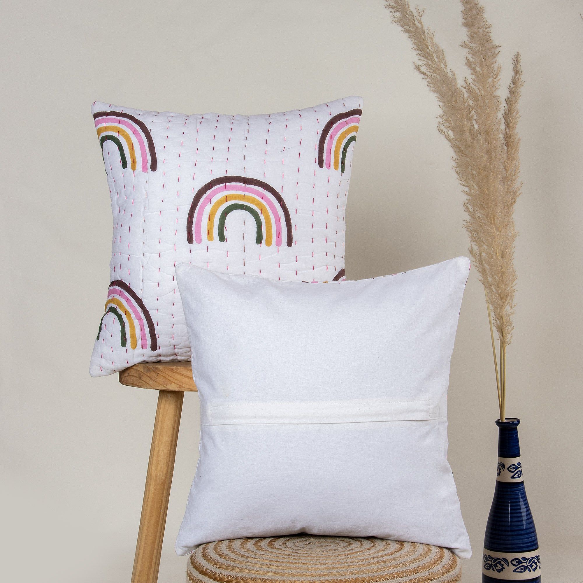 Premium Hand Block Rainbow Printed Kantha Sofa Cushions